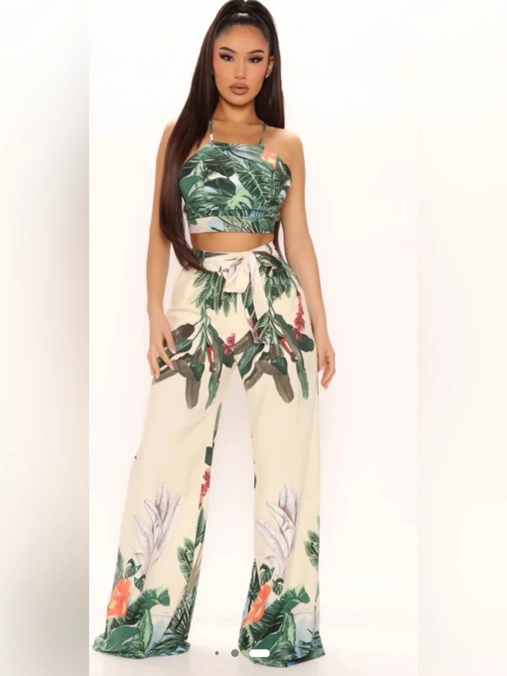 Fashion Nova Cream Tropical High-Waist Wide-Leg Pants Set with top